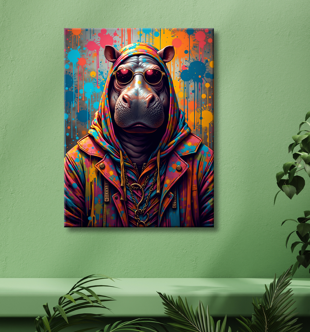 Tableau hippopotame graffiti - Art mural coloré et extravagant avec decor