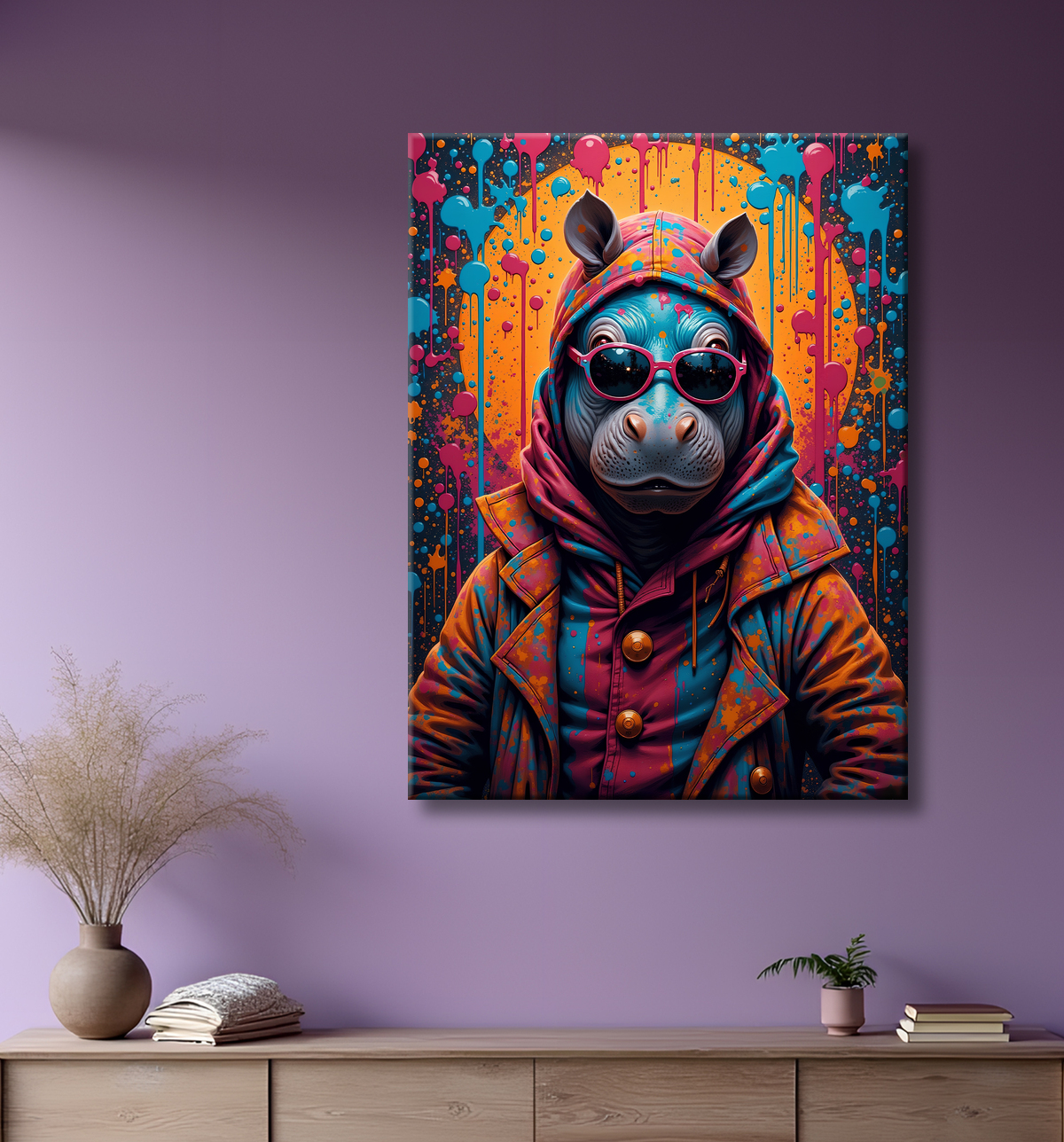 Tableau hippopotame graffiti - Art mural coloré et extravagant avec decor