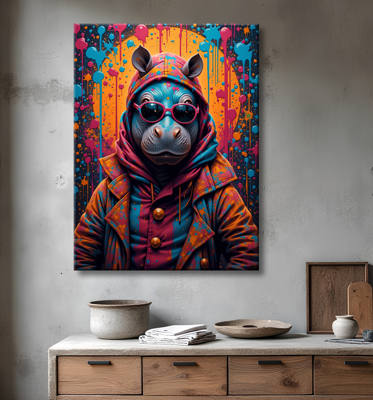 Tableau hippopotame graffiti - Art mural coloré et extravagant avec decor