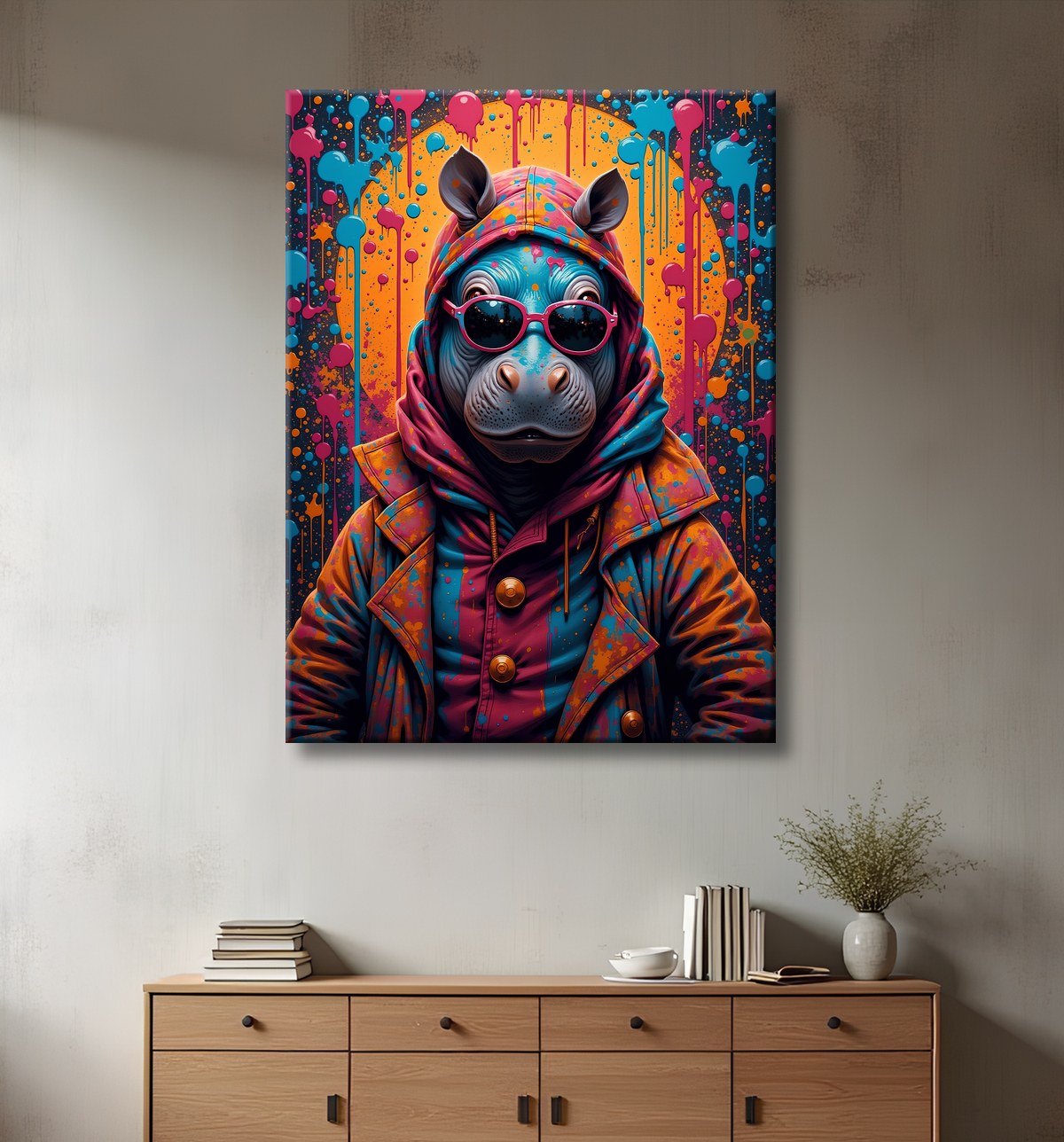 Tableau hippopotame graffiti - Art mural coloré et extravagant avec decor