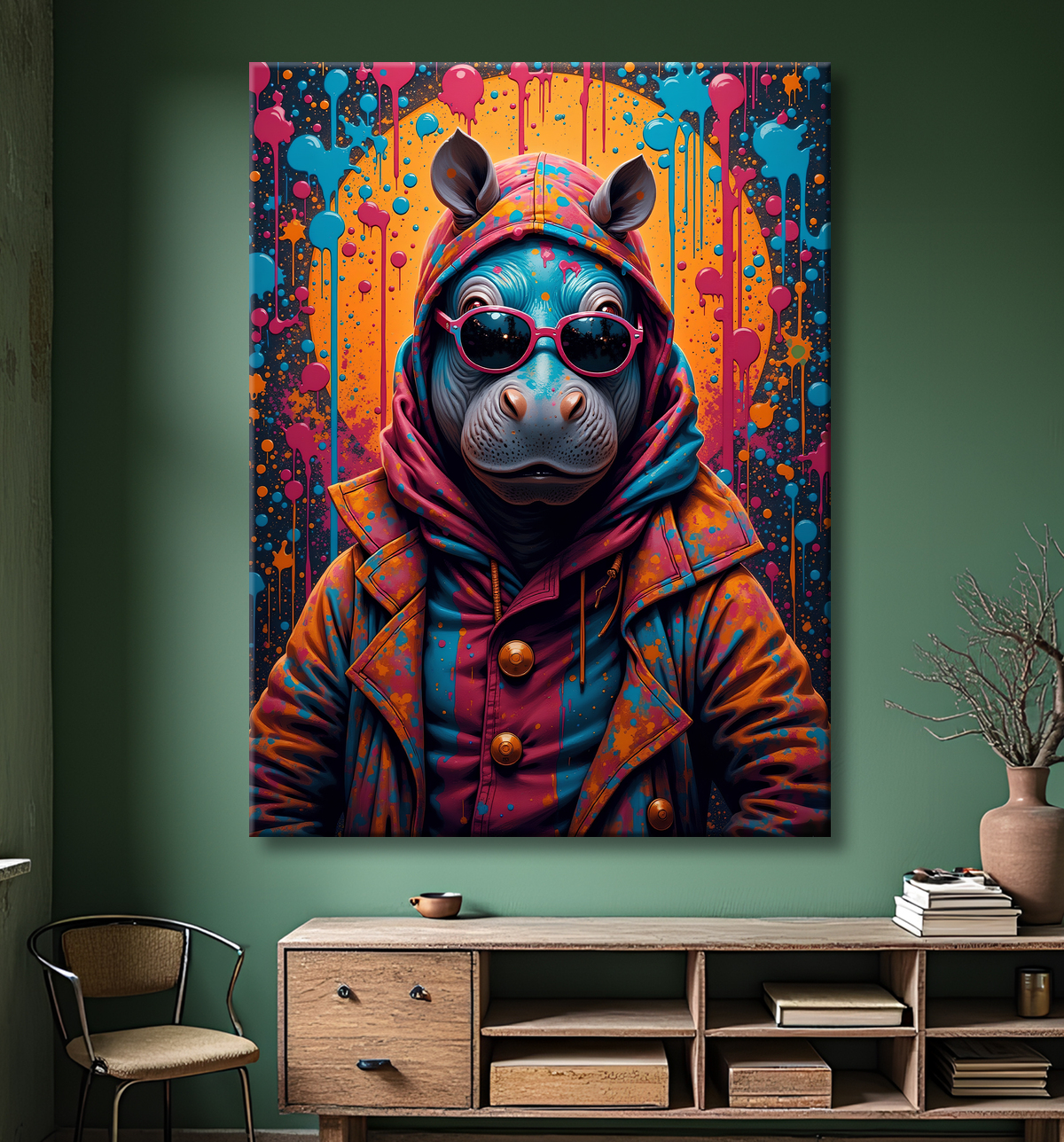 Tableau hippopotame graffiti - Art mural coloré et extravagant avec decor