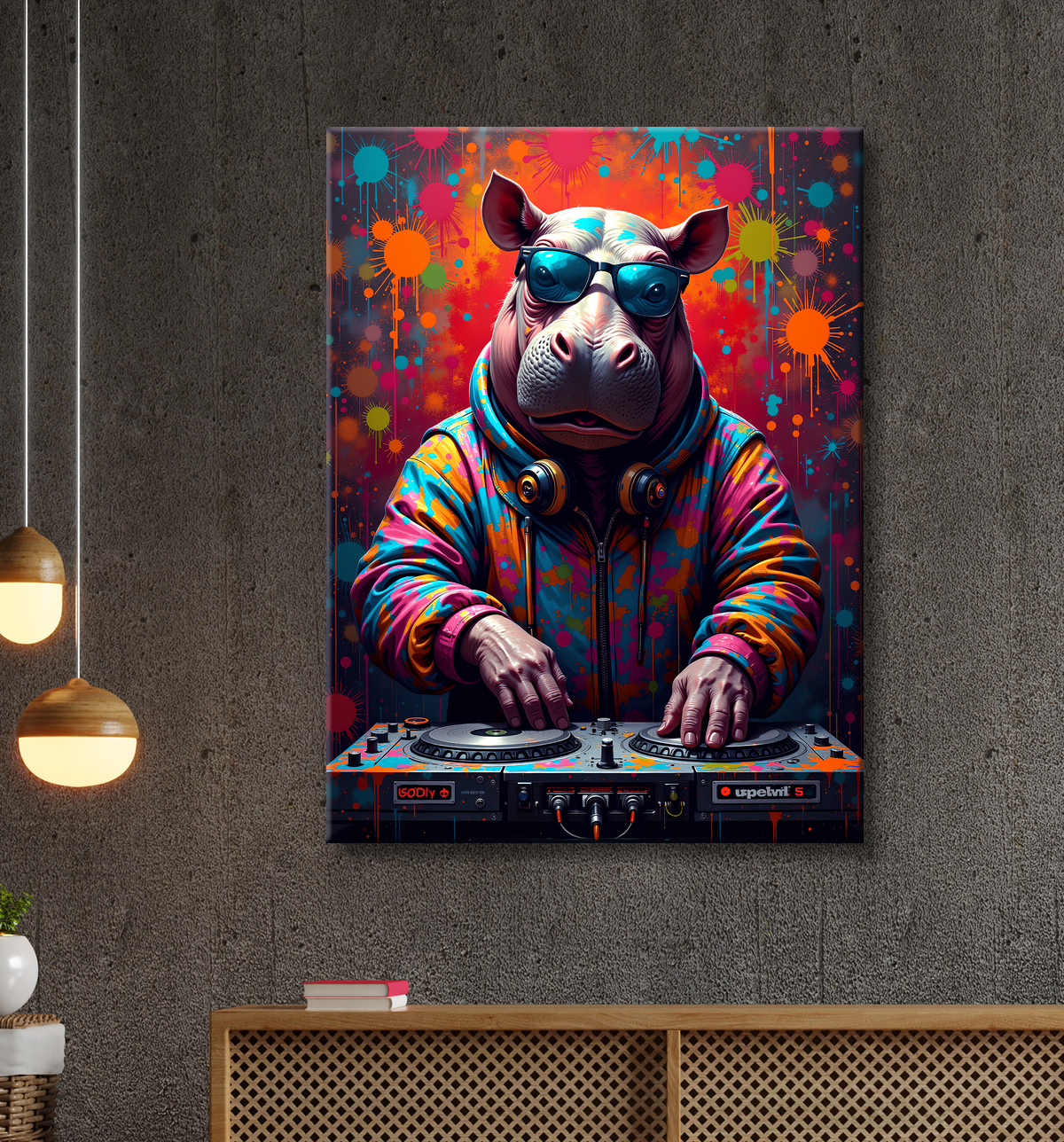 Tableau hippopotame graffiti - Art mural coloré et extravagant avec decor