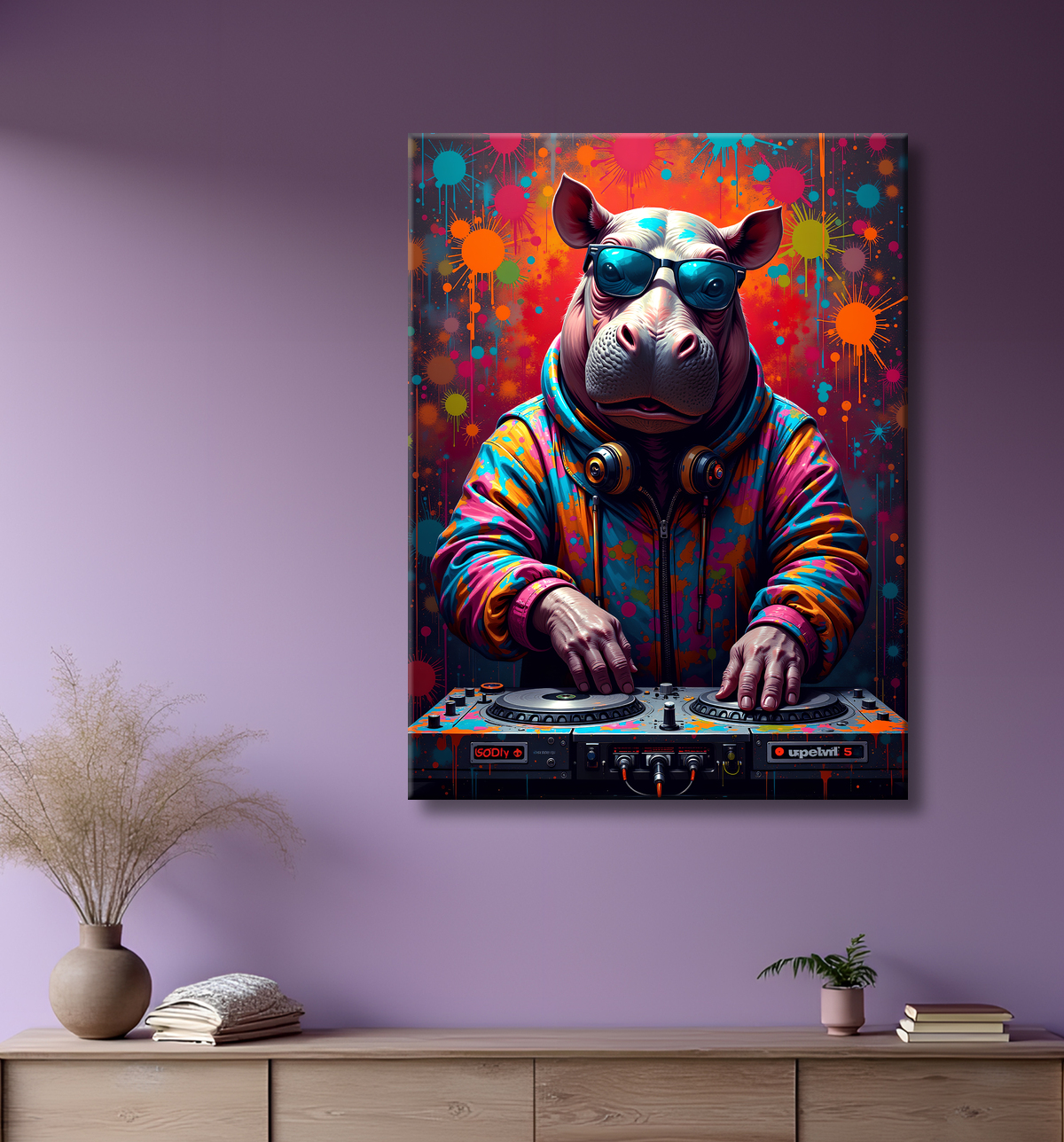 Tableau hippopotame graffiti - Art mural coloré et extravagant avec decor