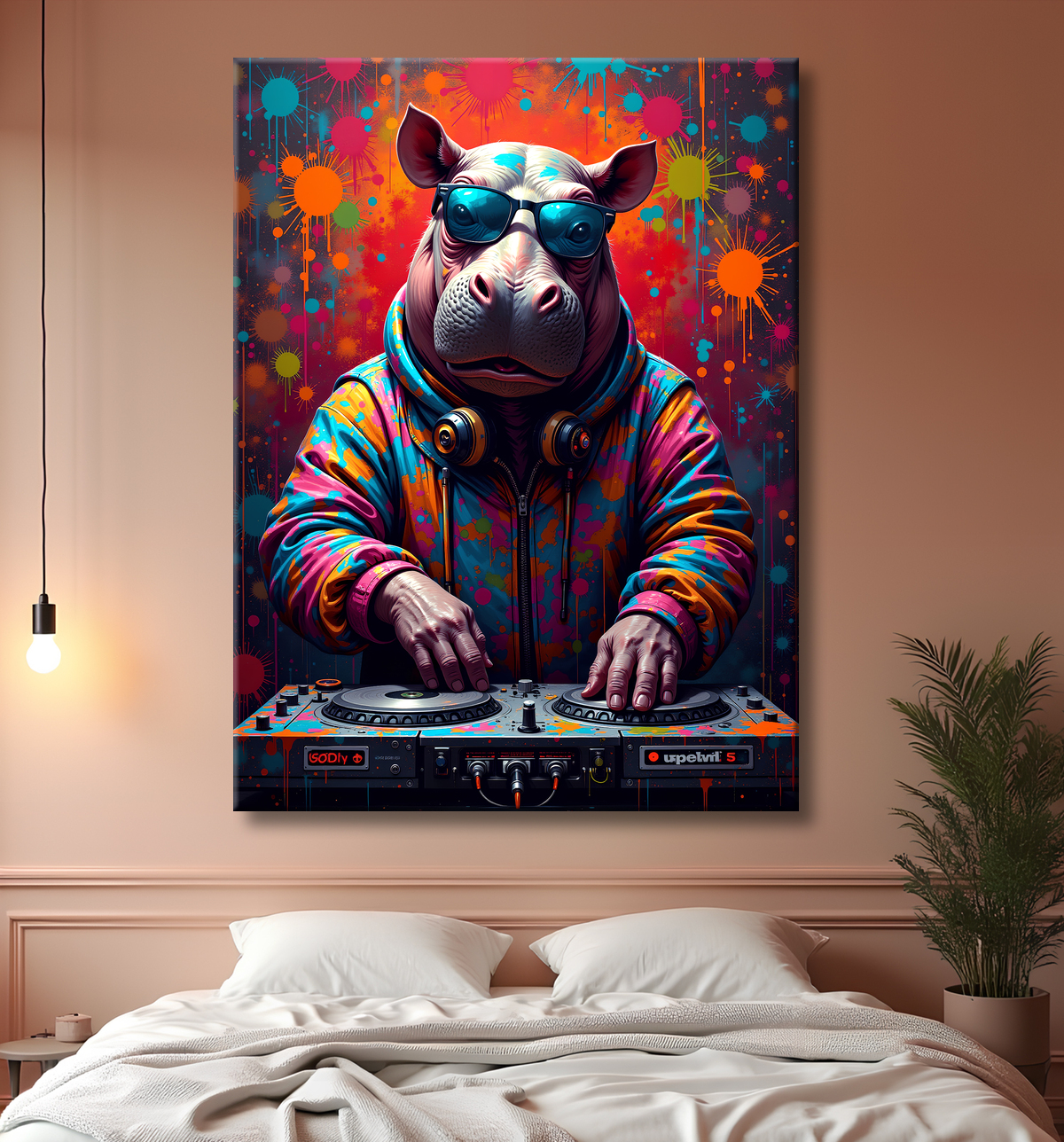 Tableau hippopotame graffiti - Art mural coloré et extravagant avec decor