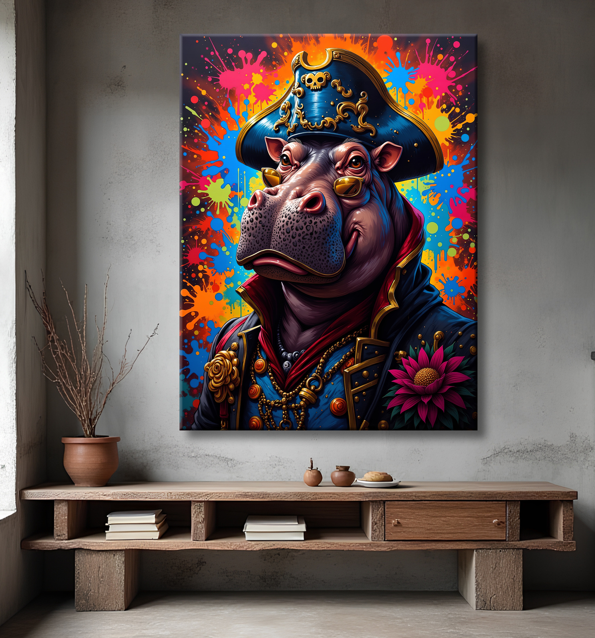 Tableau hippopotame graffiti - Art mural coloré et extravagant avec decor