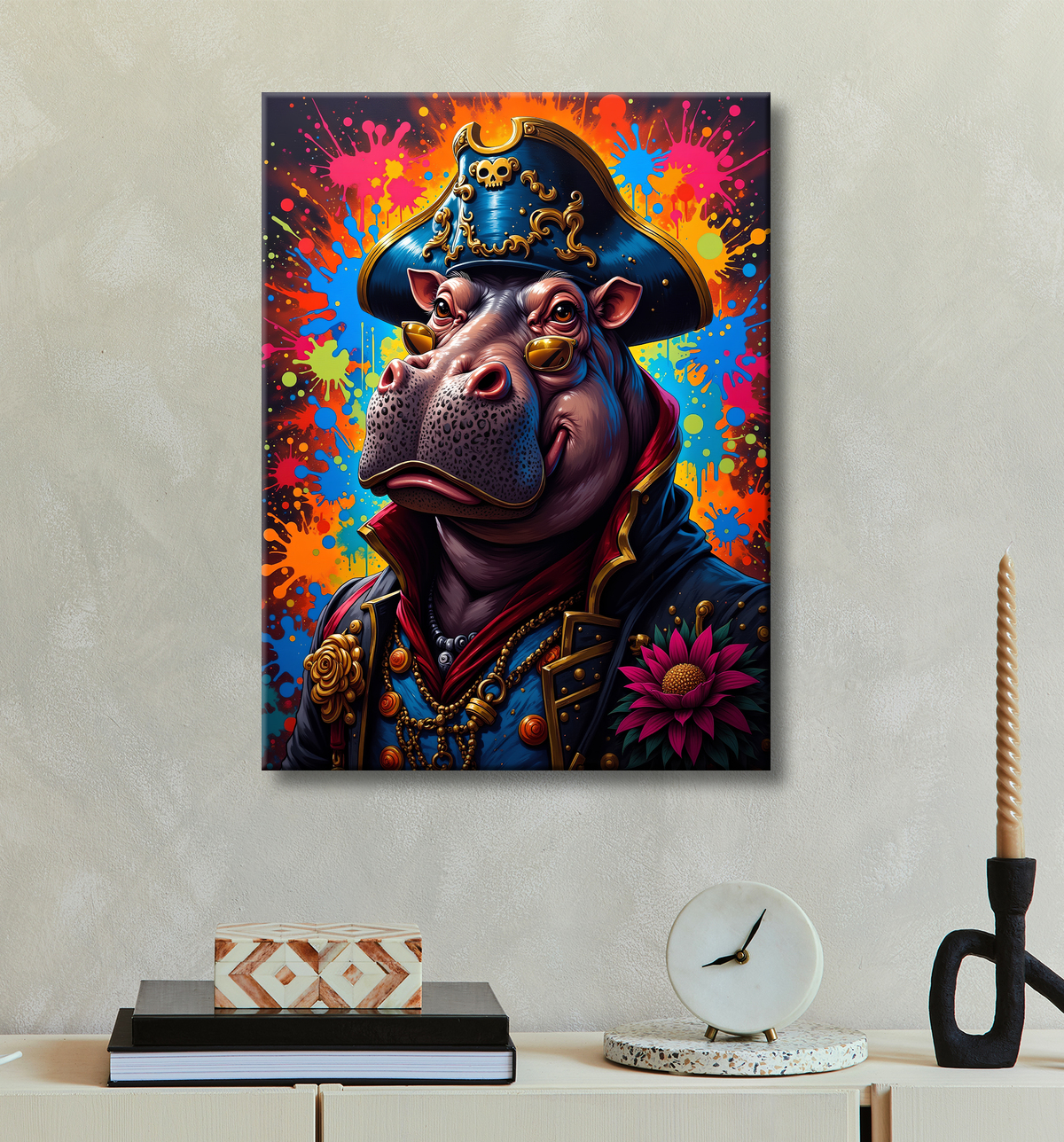 Tableau hippopotame graffiti - Art mural coloré et extravagant avec decor