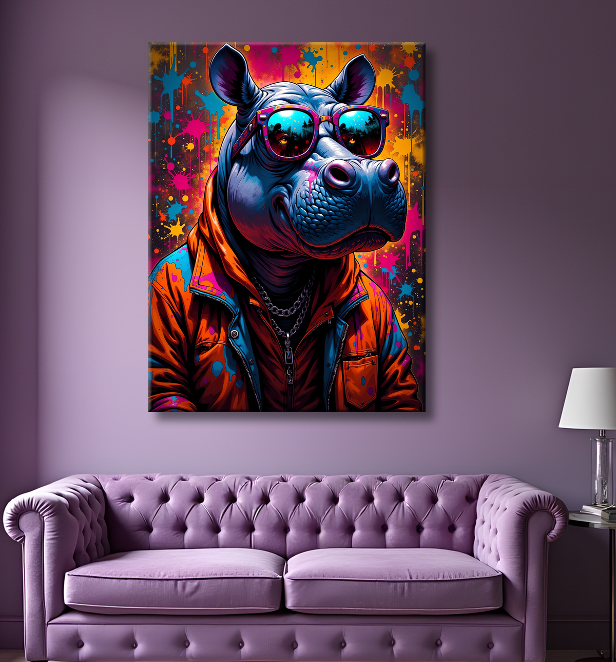 Tableau hippopotame graffiti - Art mural coloré et extravagant avec decor