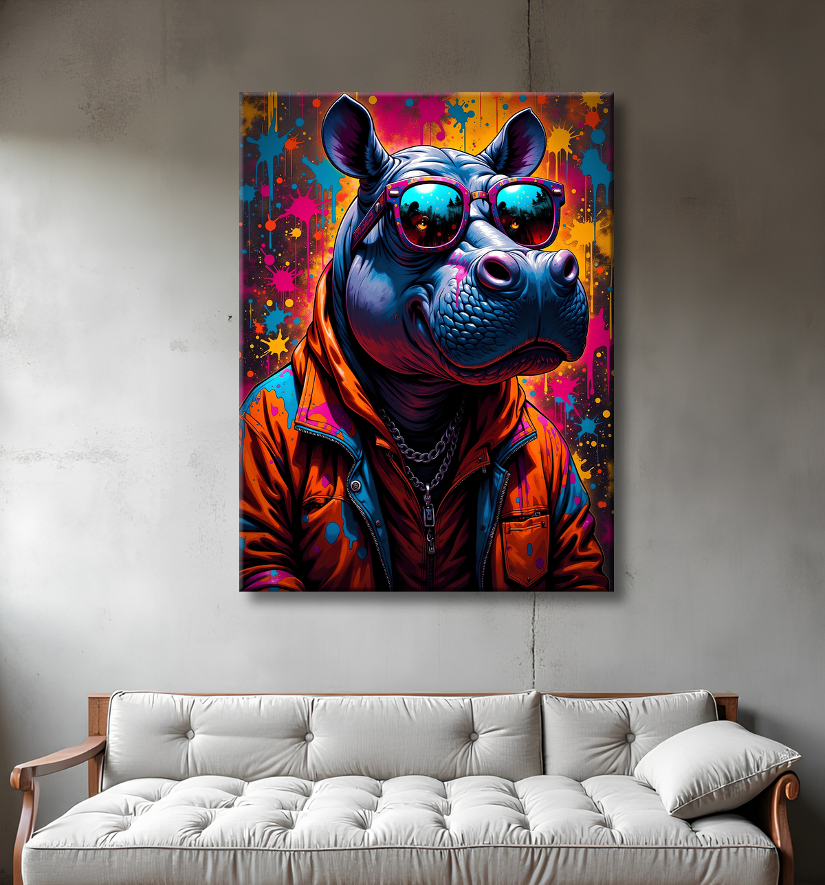 Tableau hippopotame graffiti - Art mural coloré et extravagant avec decor