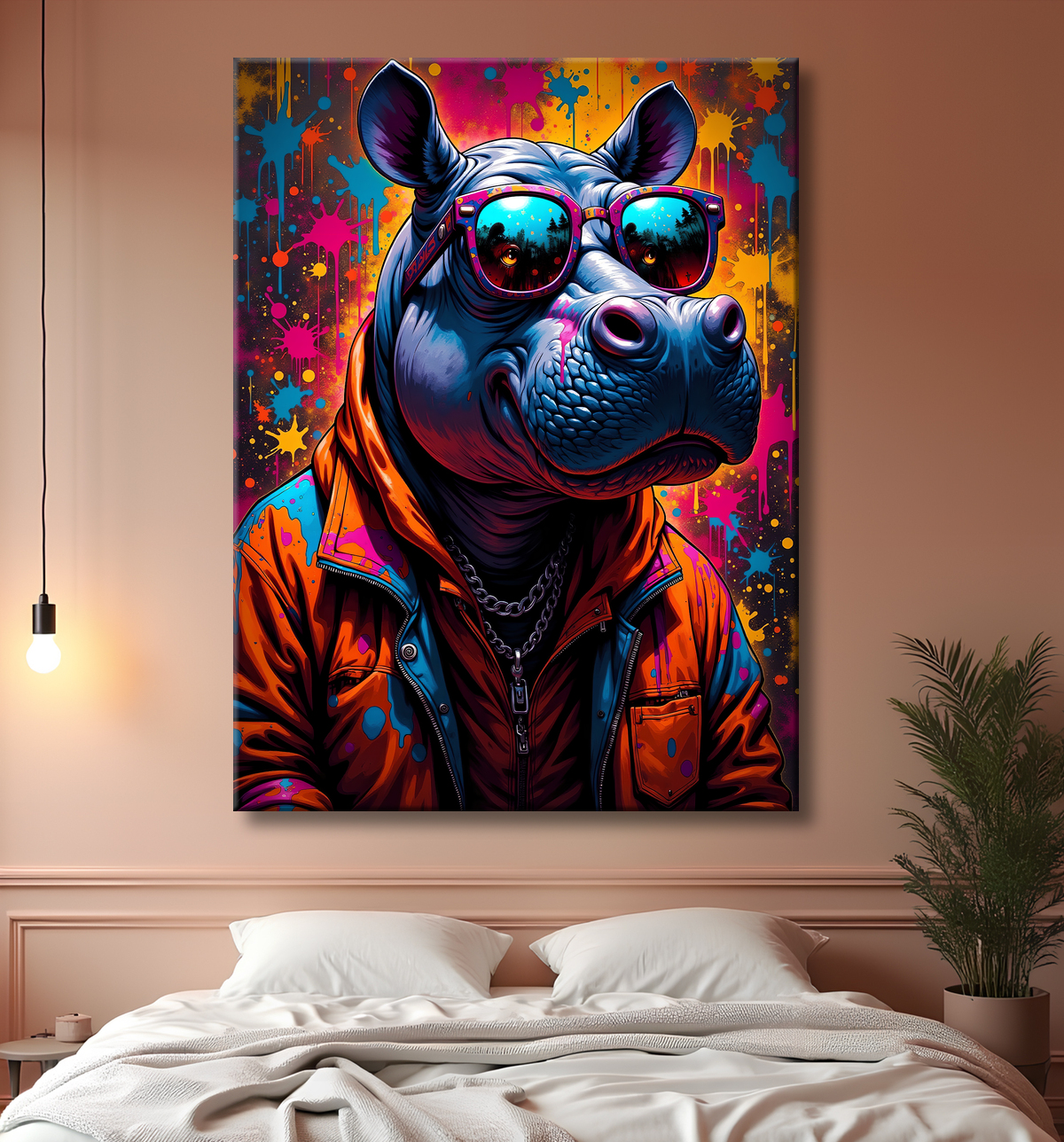 Tableau hippopotame graffiti - Art mural coloré et extravagant avec decor