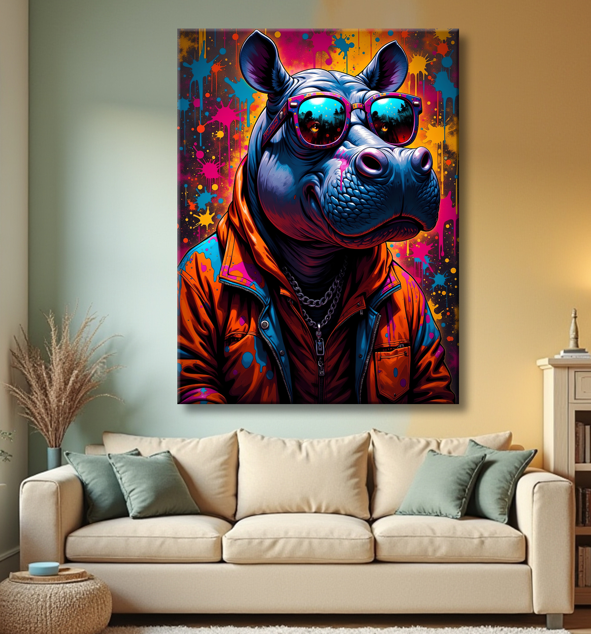 Tableau hippopotame graffiti - Art mural coloré et extravagant avec decor