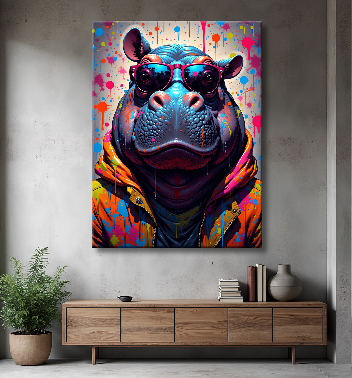Tableau hippopotame graffiti - Art mural coloré et extravagant avec decor