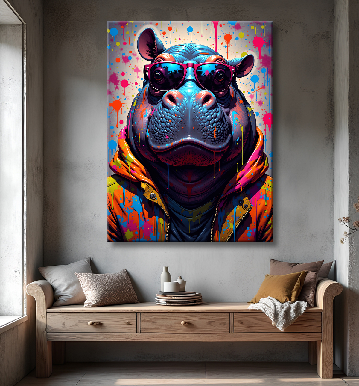 Tableau hippopotame graffiti - Art mural coloré et extravagant avec decor