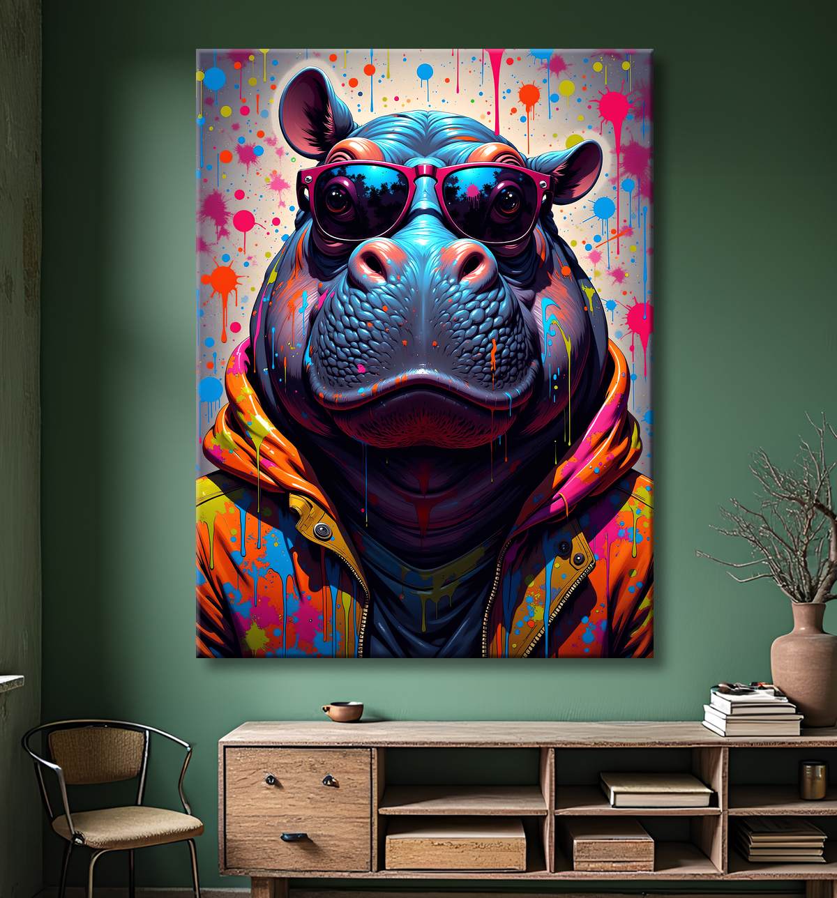 Tableau hippopotame graffiti - Art mural coloré et extravagant avec decor