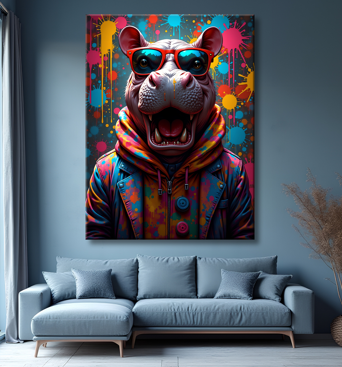 Tableau hippopotame graffiti - Art mural coloré et extravagant avec decor