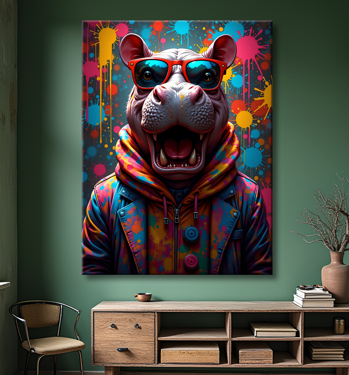 Tableau hippopotame graffiti - Art mural coloré et extravagant avec decor