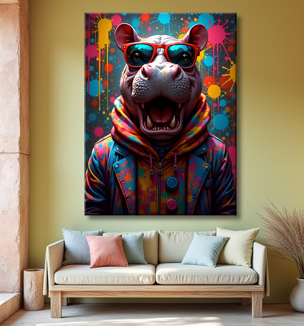 Tableau hippopotame graffiti - Art mural coloré et extravagant avec decor