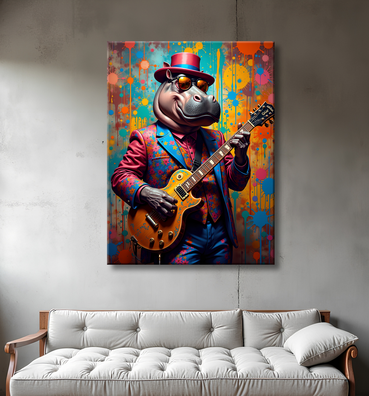 Tableau hippopotame graffiti - Art mural coloré et extravagant avec decor