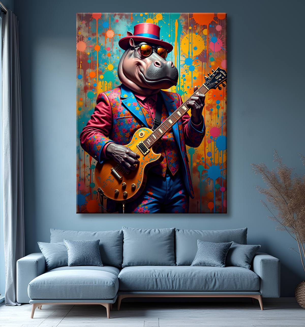 Tableau hippopotame graffiti - Art mural coloré et extravagant avec decor