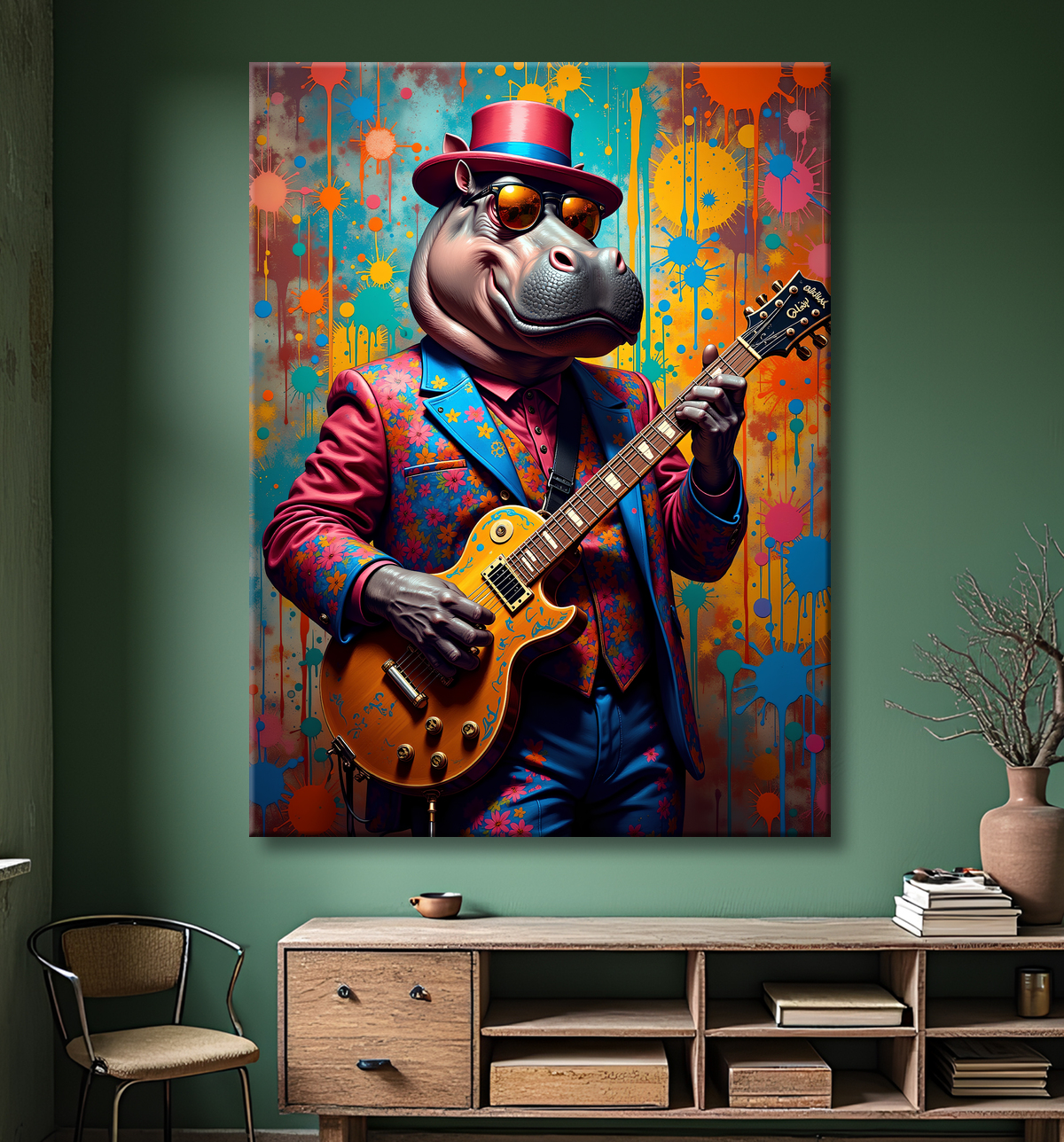 Tableau hippopotame graffiti - Art mural coloré et extravagant avec decor