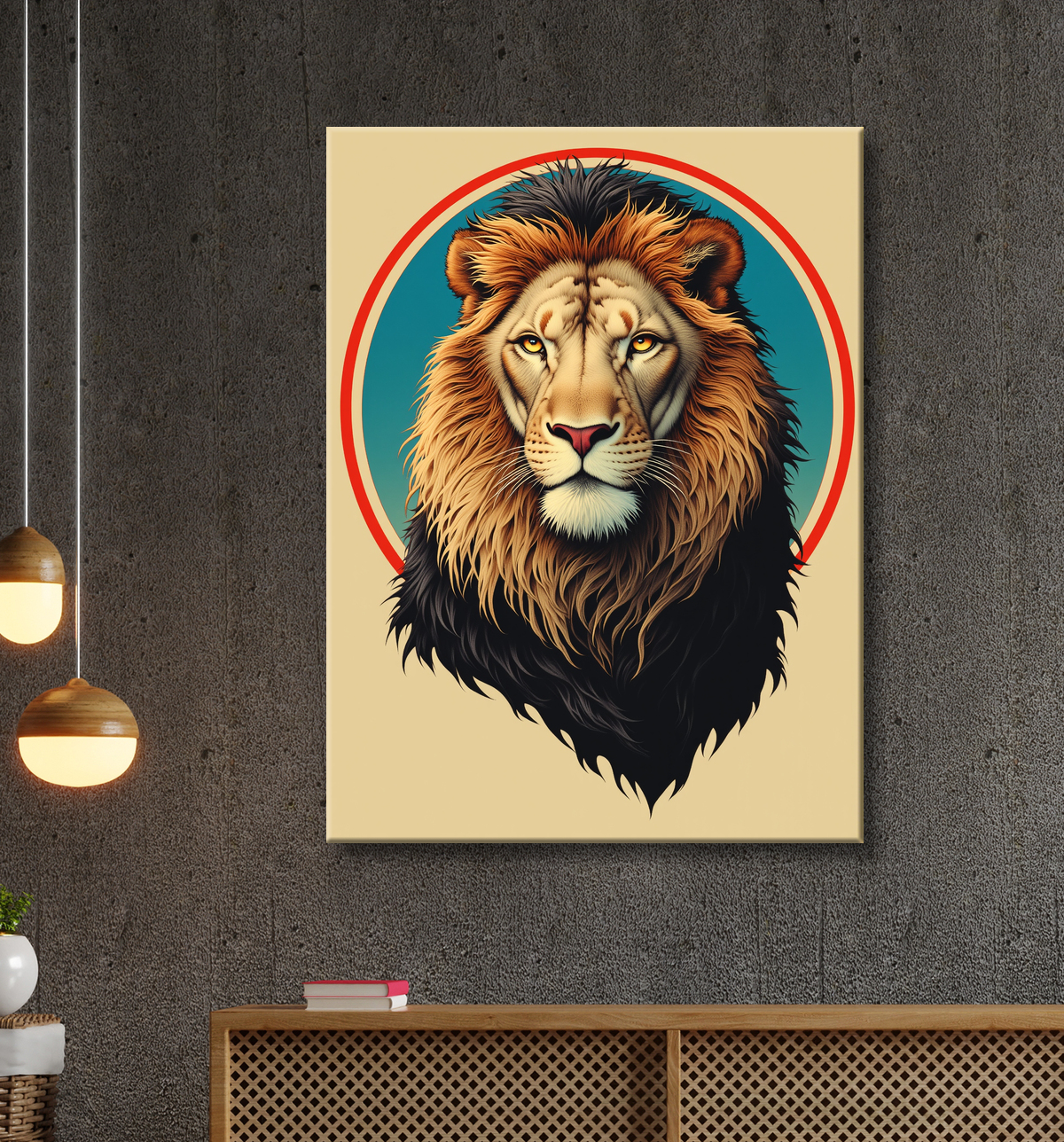 Tableau portrait lion, illustration avec decor