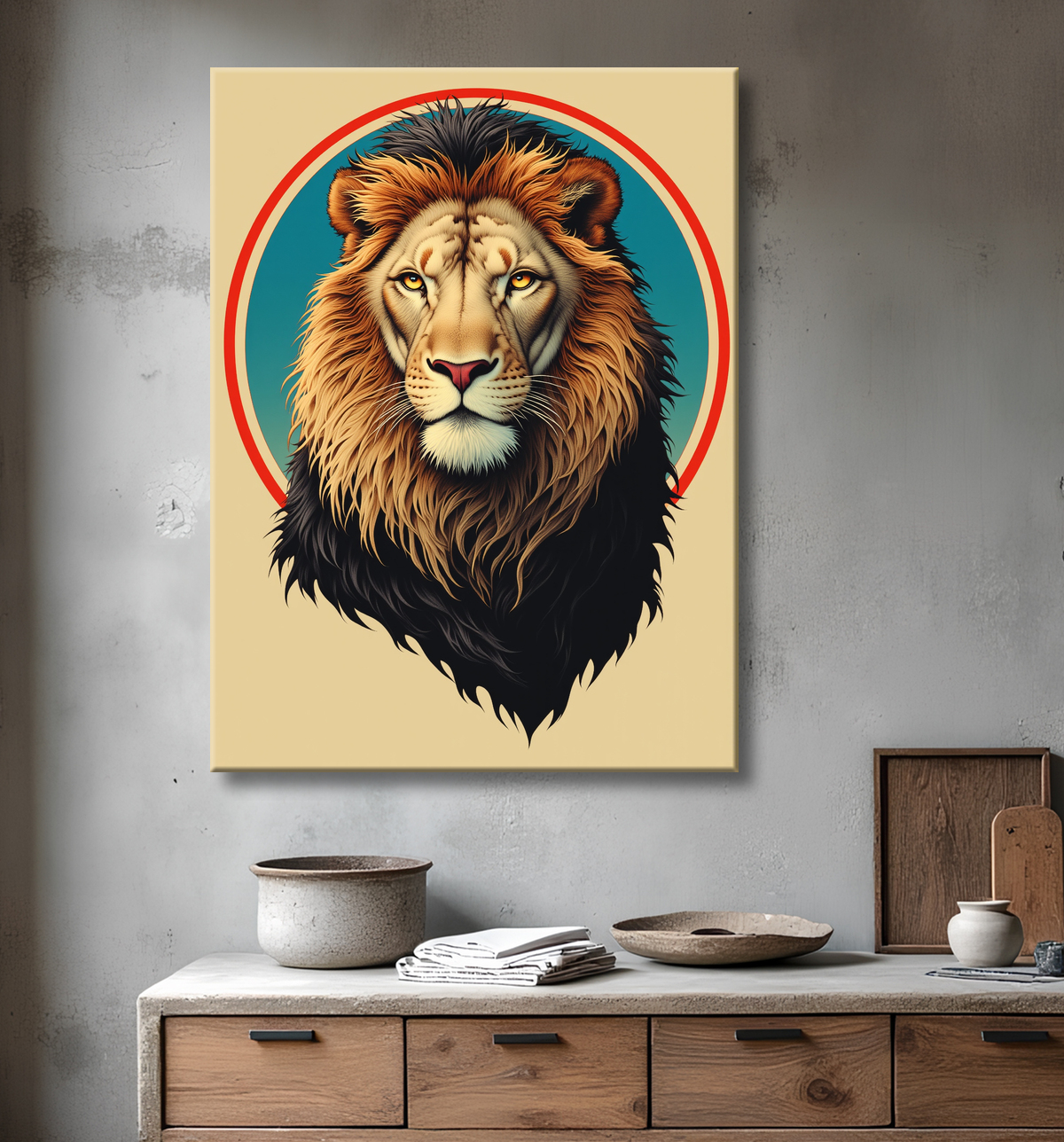 Tableau portrait lion, illustration avec decor