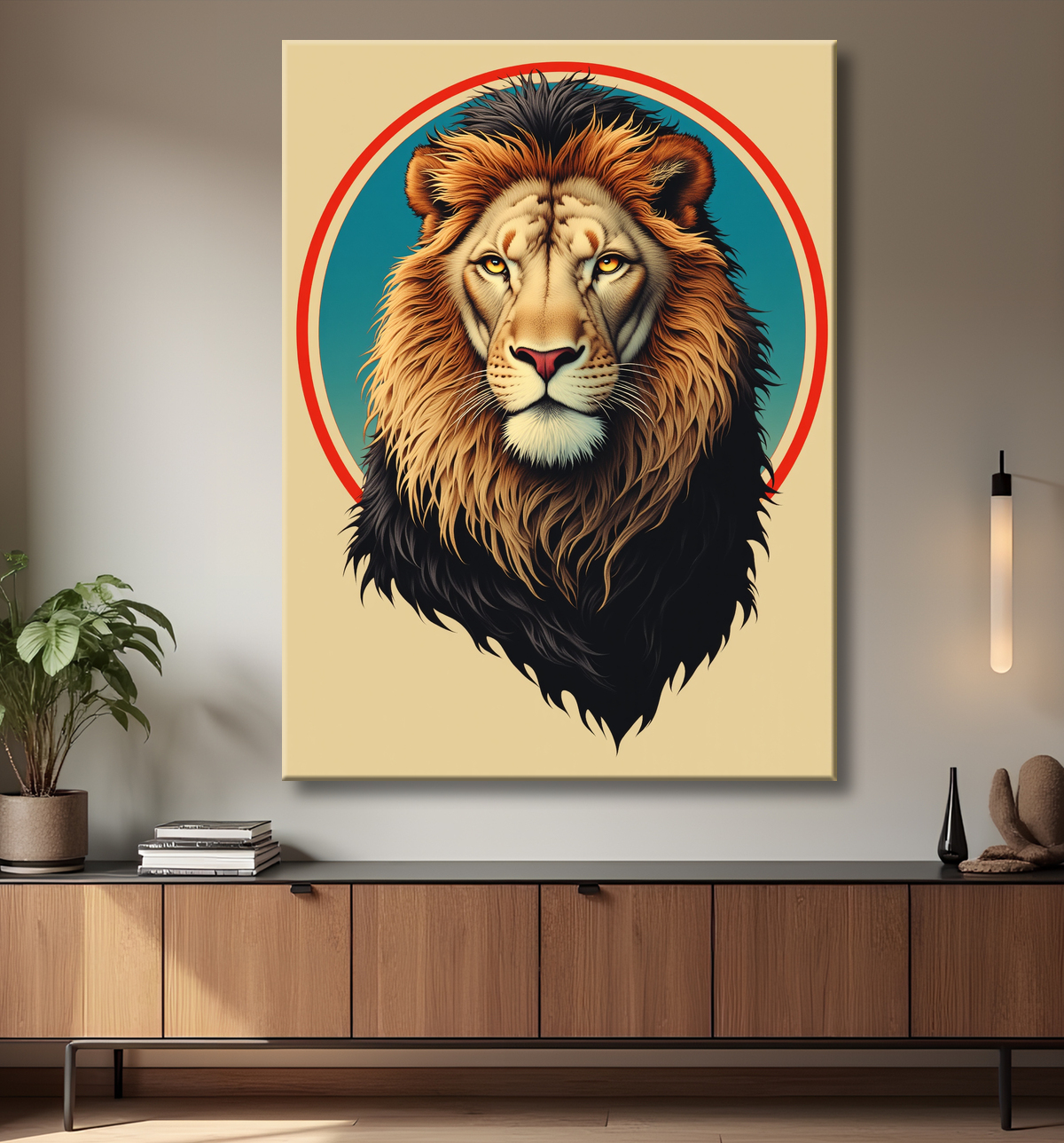 Tableau portrait lion, illustration avec decor