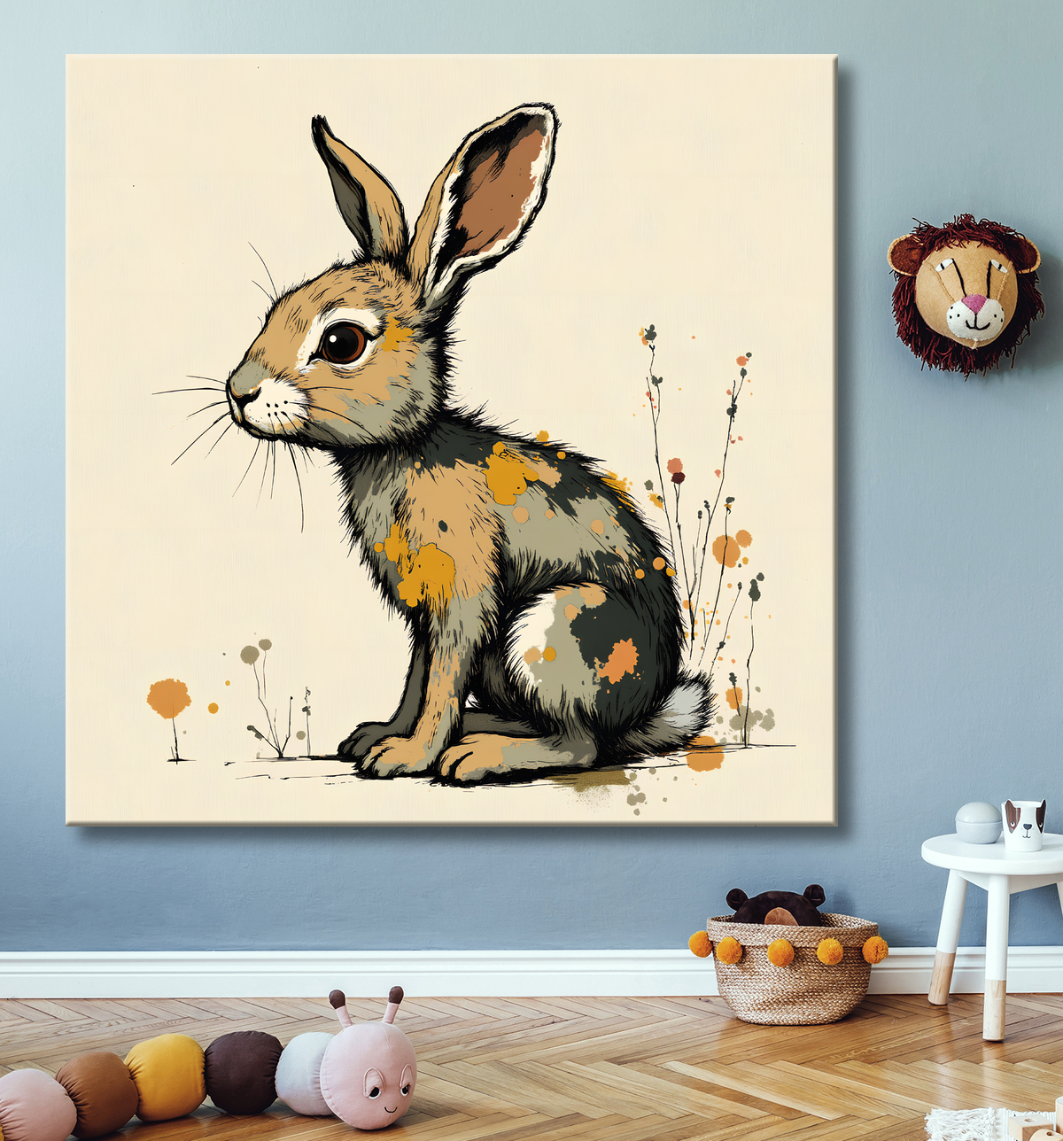 Tableau lapin moderne - Peinture animalière expressive et graphique avec decor