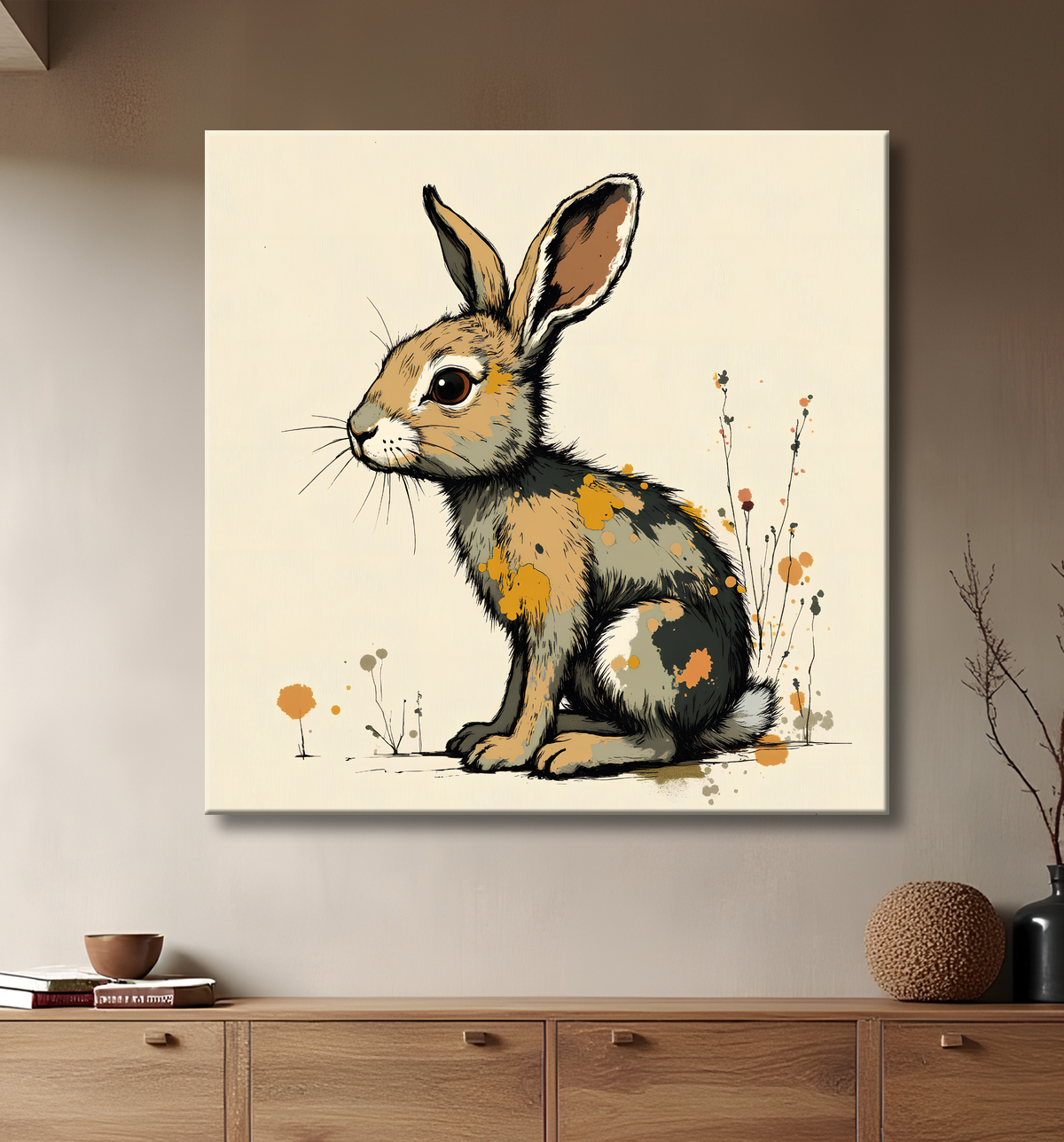 Tableau lapin moderne - Peinture animalière expressive et graphique avec decor