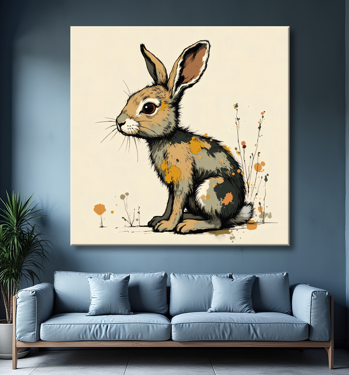 Tableau lapin moderne - Peinture animalière expressive et graphique avec decor