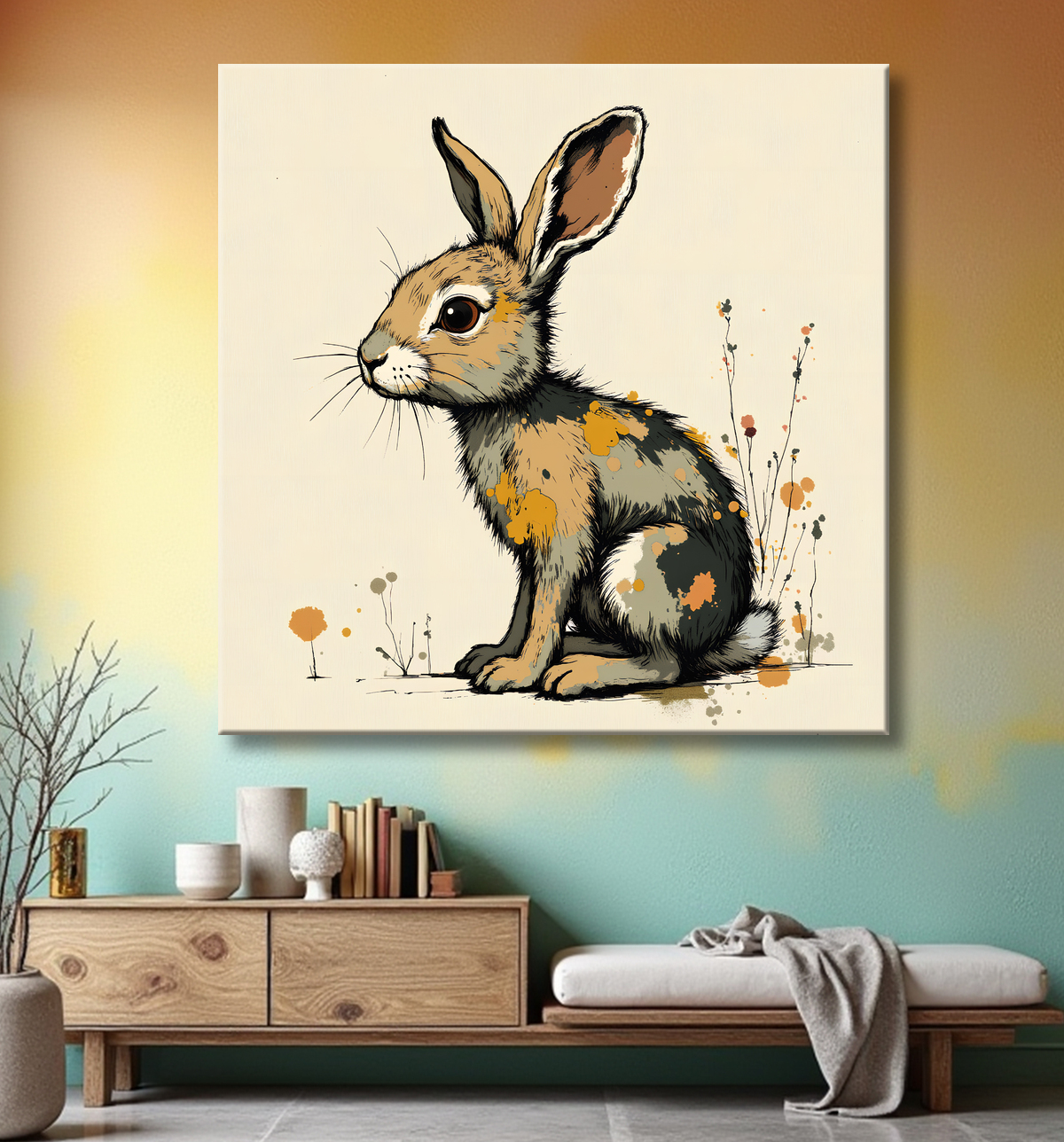 Tableau lapin moderne - Peinture animalière expressive et graphique avec decor