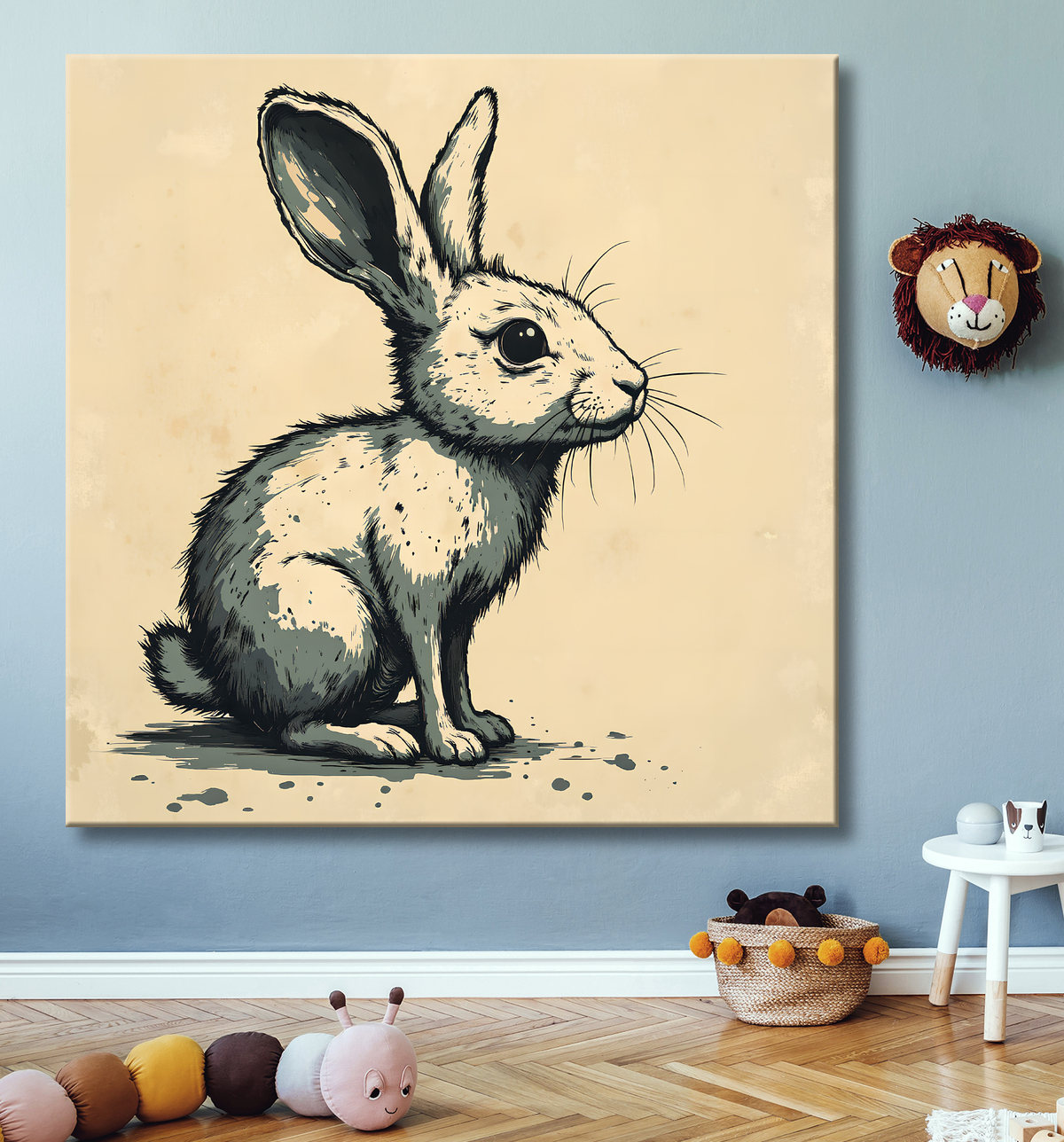 Tableau lapin moderne - Peinture animalière expressive et graphique avec decor