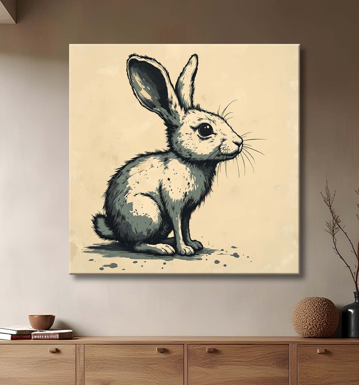 Tableau lapin moderne - Peinture animalière expressive et graphique avec decor