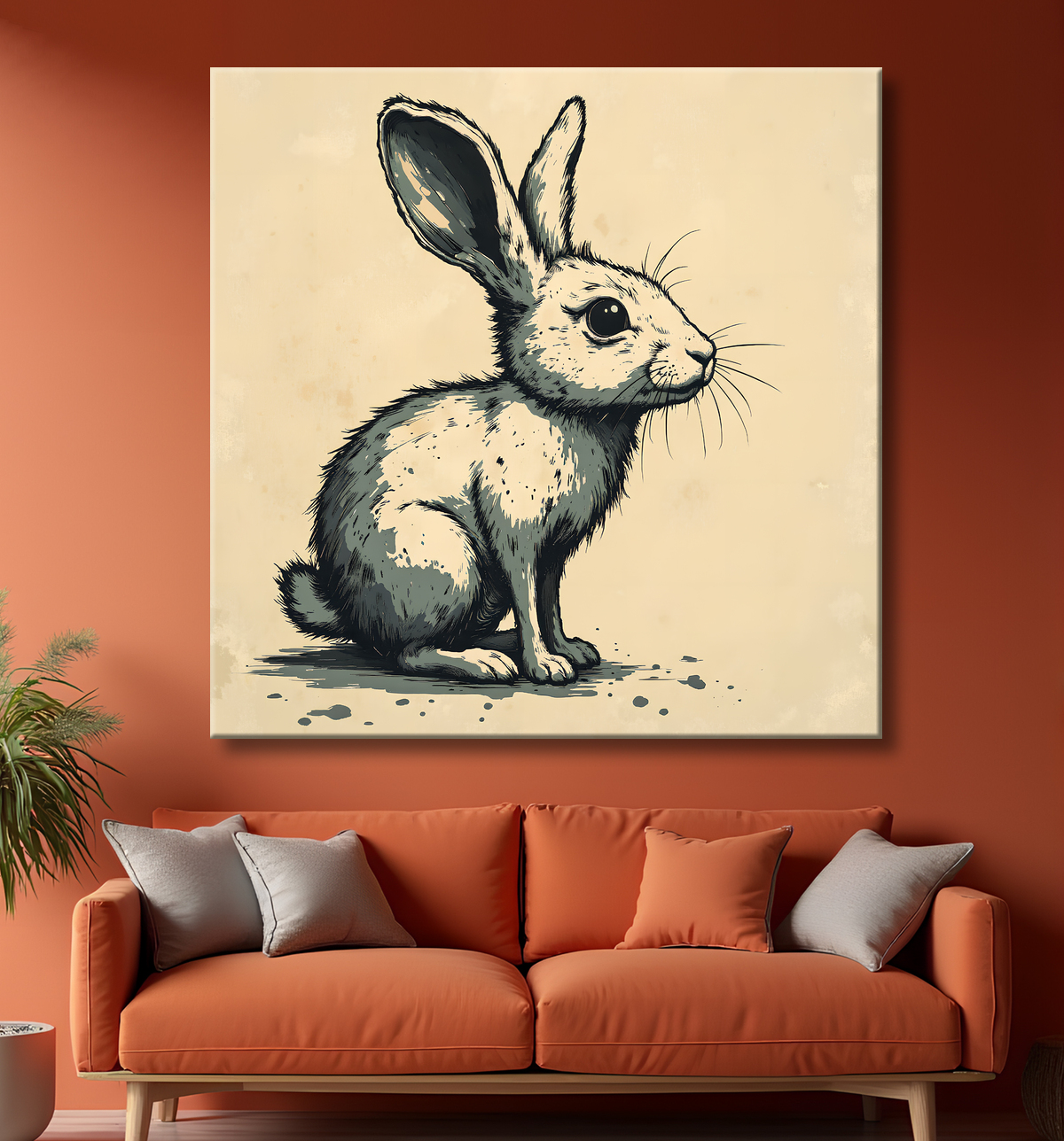 Tableau lapin moderne - Peinture animalière expressive et graphique avec decor