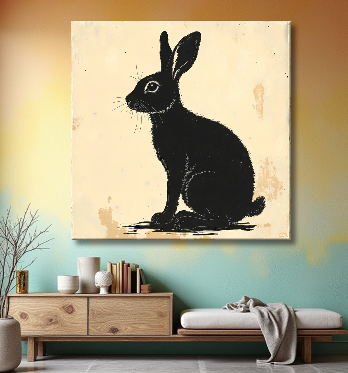 Tableau lapin moderne - Peinture animalière expressive et graphique avec decor