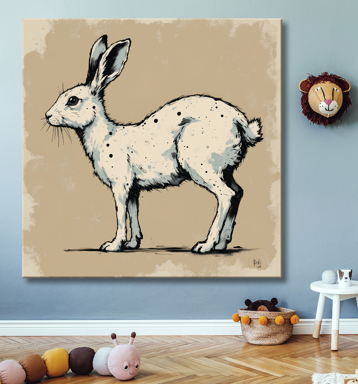 Tableau lapin moderne - Peinture animalière expressive et graphique avec decor