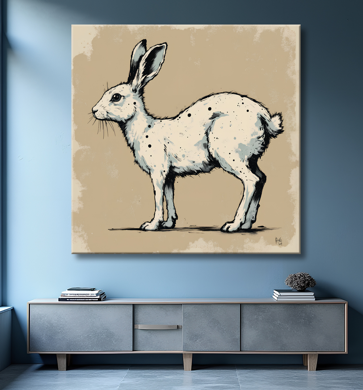Tableau lapin moderne - Peinture animalière expressive et graphique avec decor