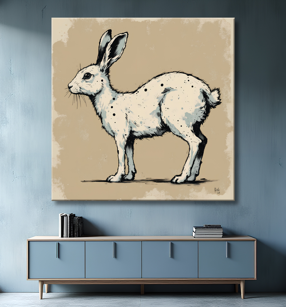 Tableau lapin moderne - Peinture animalière expressive et graphique avec decor