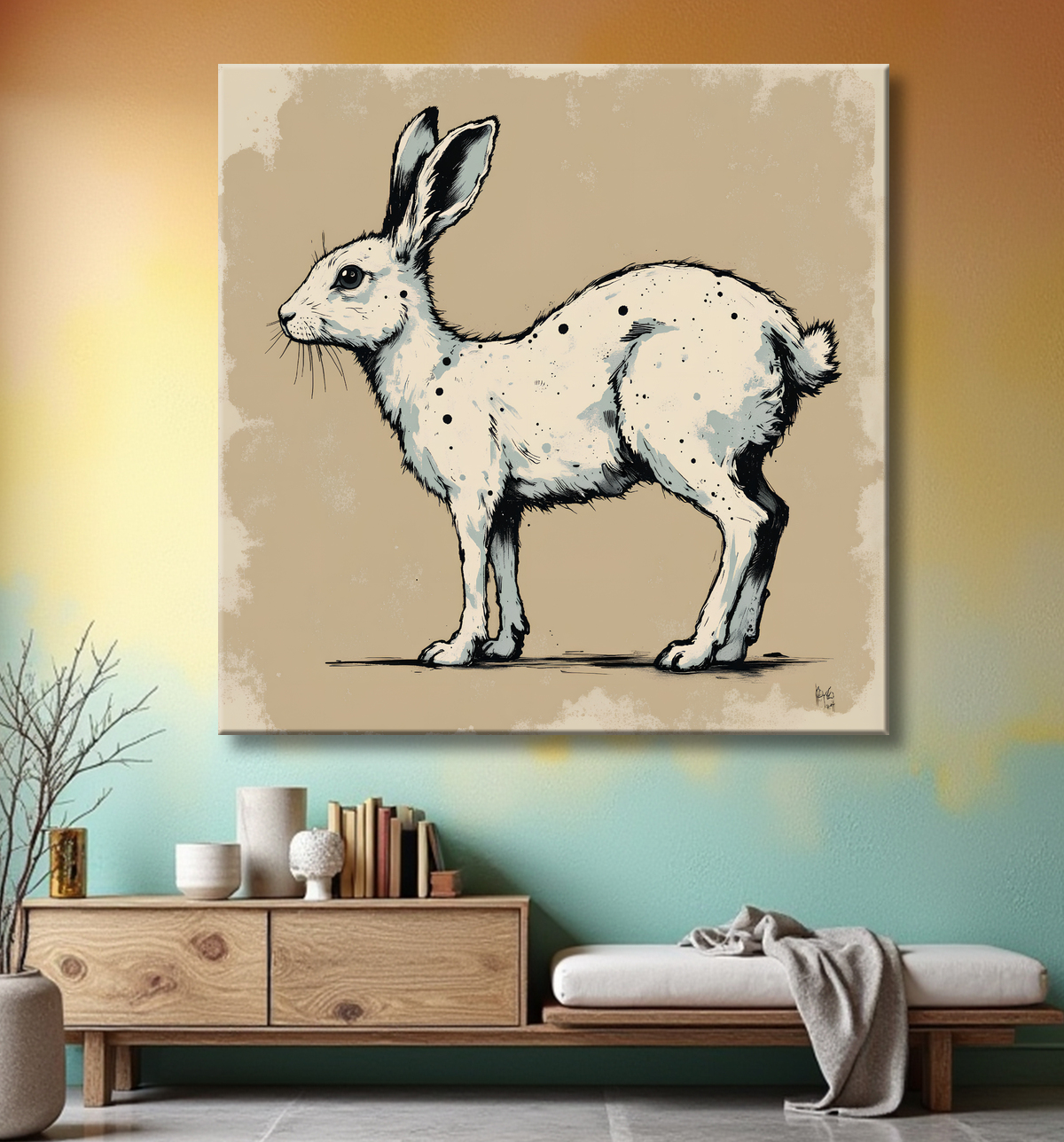 Tableau lapin moderne - Peinture animalière expressive et graphique avec decor