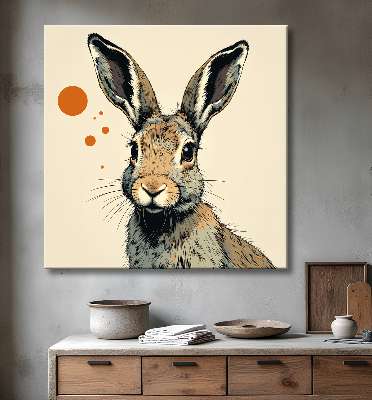 Tableau lapin moderne - Peinture animalière expressive et graphique avec decor