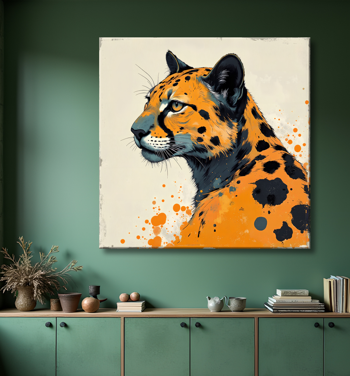 Tableau léopard moderne - Peinture animalière expressive et graphique avec decor