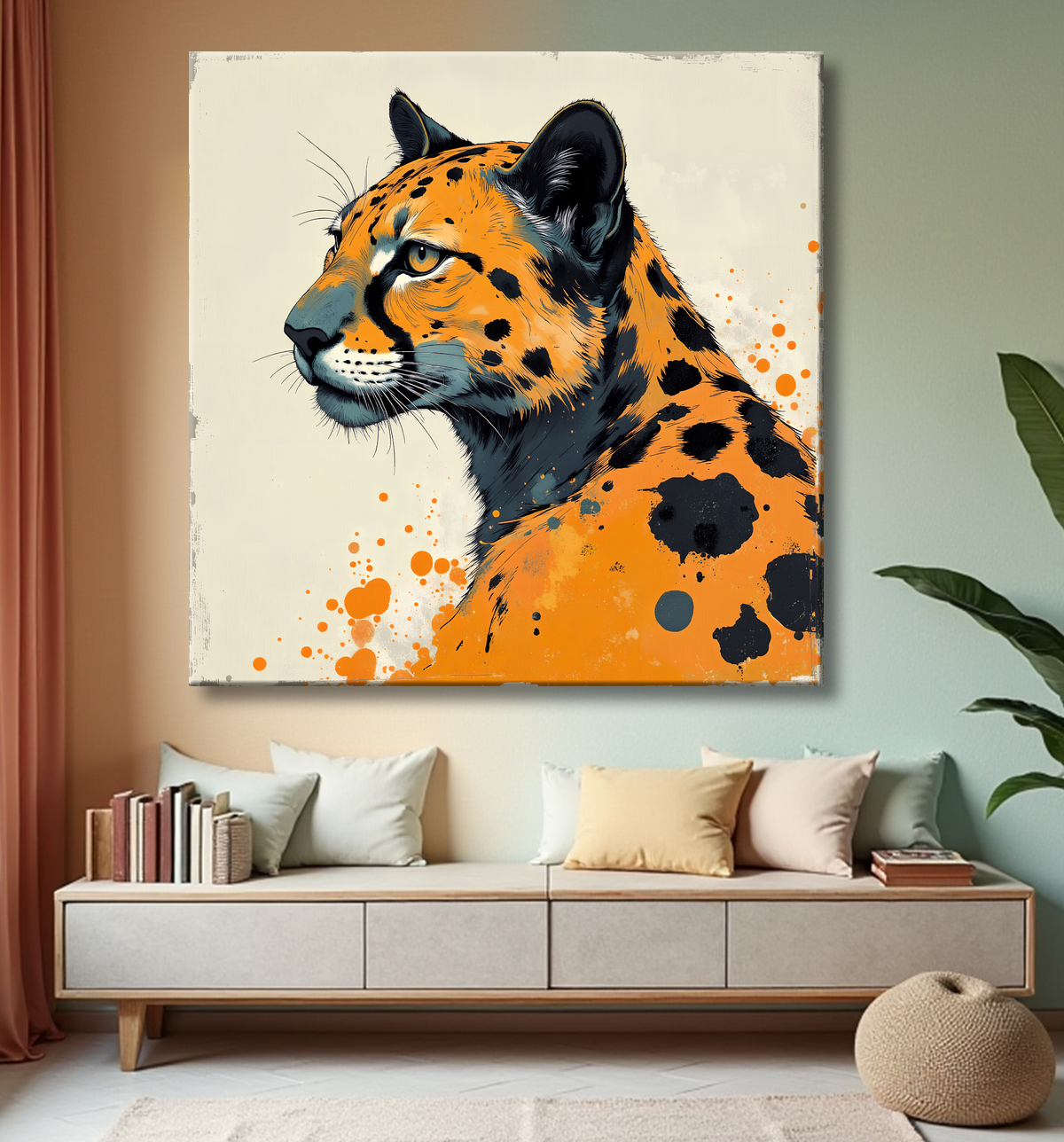 Tableau léopard moderne - Peinture animalière expressive et graphique avec decor