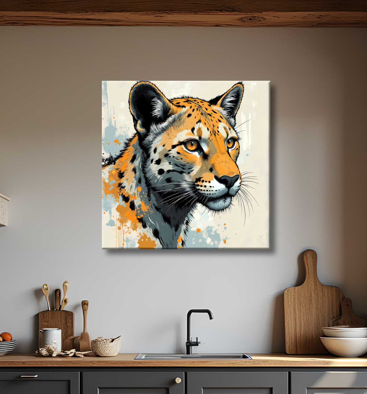 Tableau léopard moderne - Peinture animalière expressive et graphique avec decor
