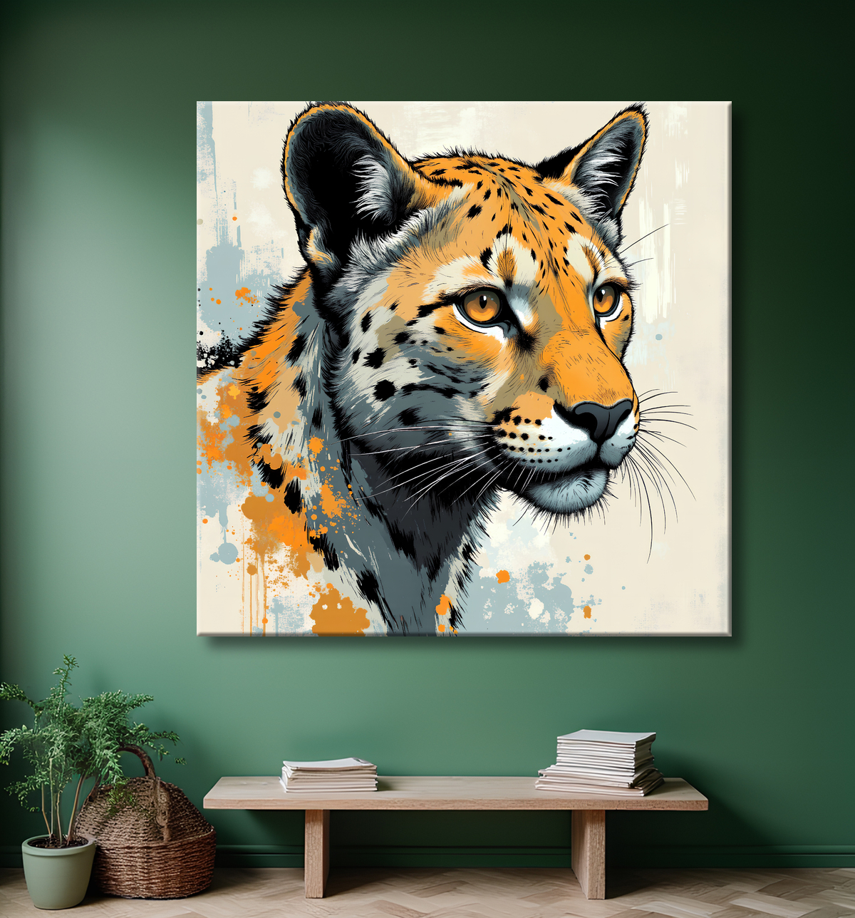 Tableau léopard moderne - Peinture animalière expressive et graphique avec decor
