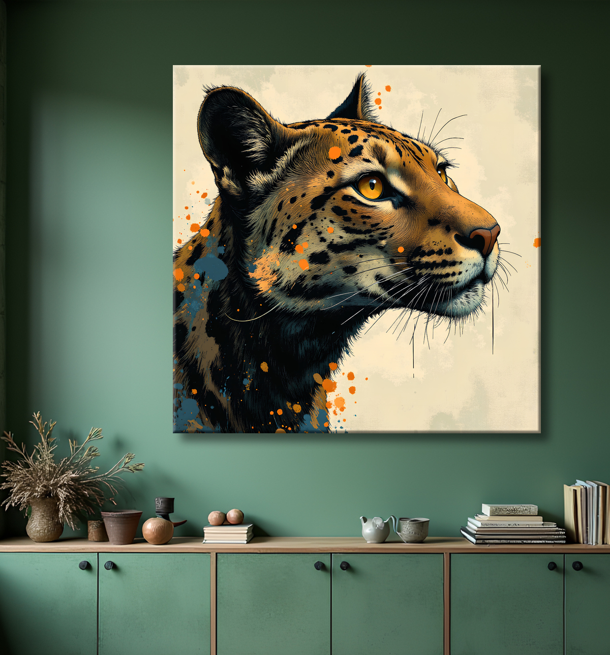Tableau léopard moderne - Peinture animalière expressive et graphique avec decor