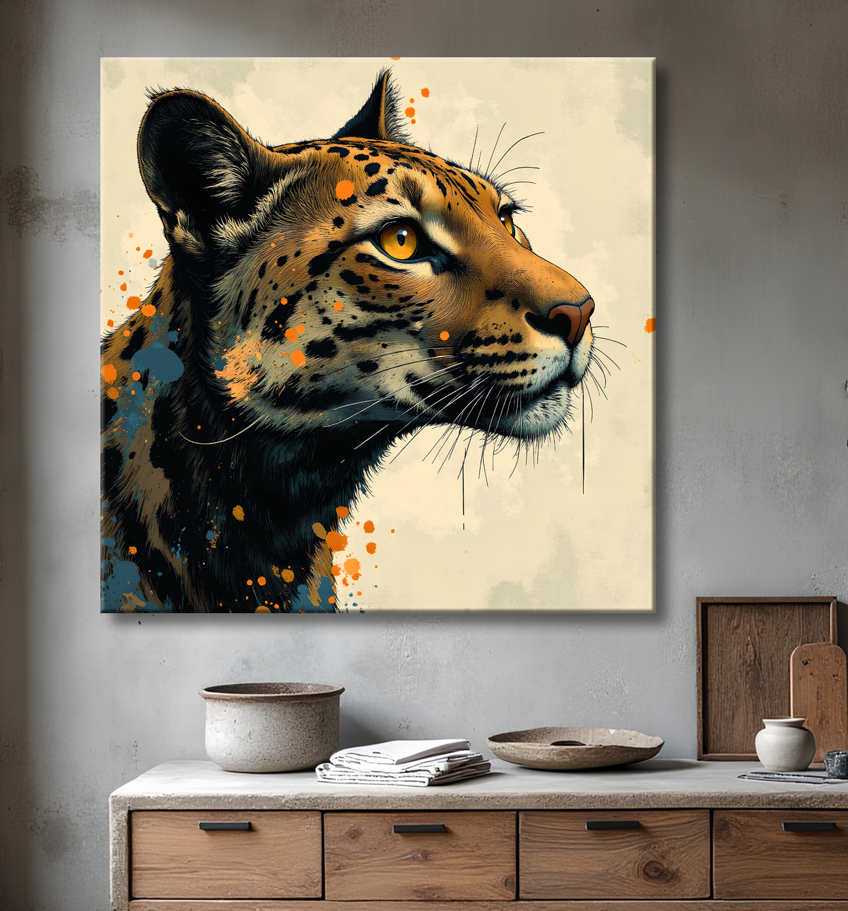 Tableau léopard moderne - Peinture animalière expressive et graphique avec decor