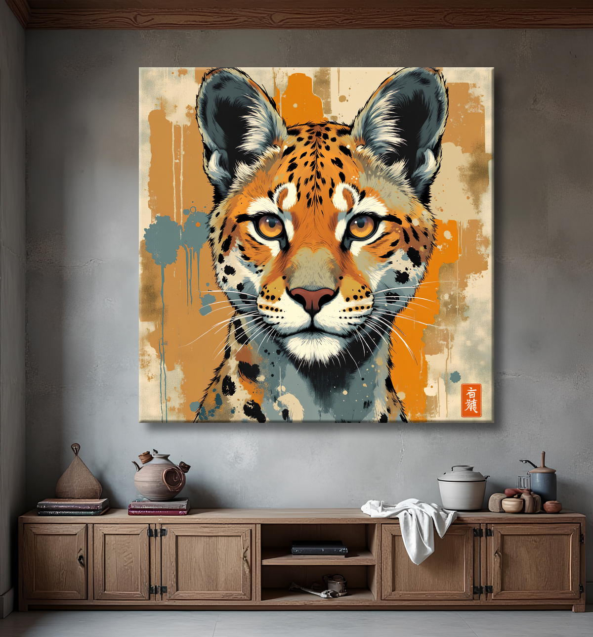 Tableau léopard moderne - Peinture animalière expressive et graphique avec decor