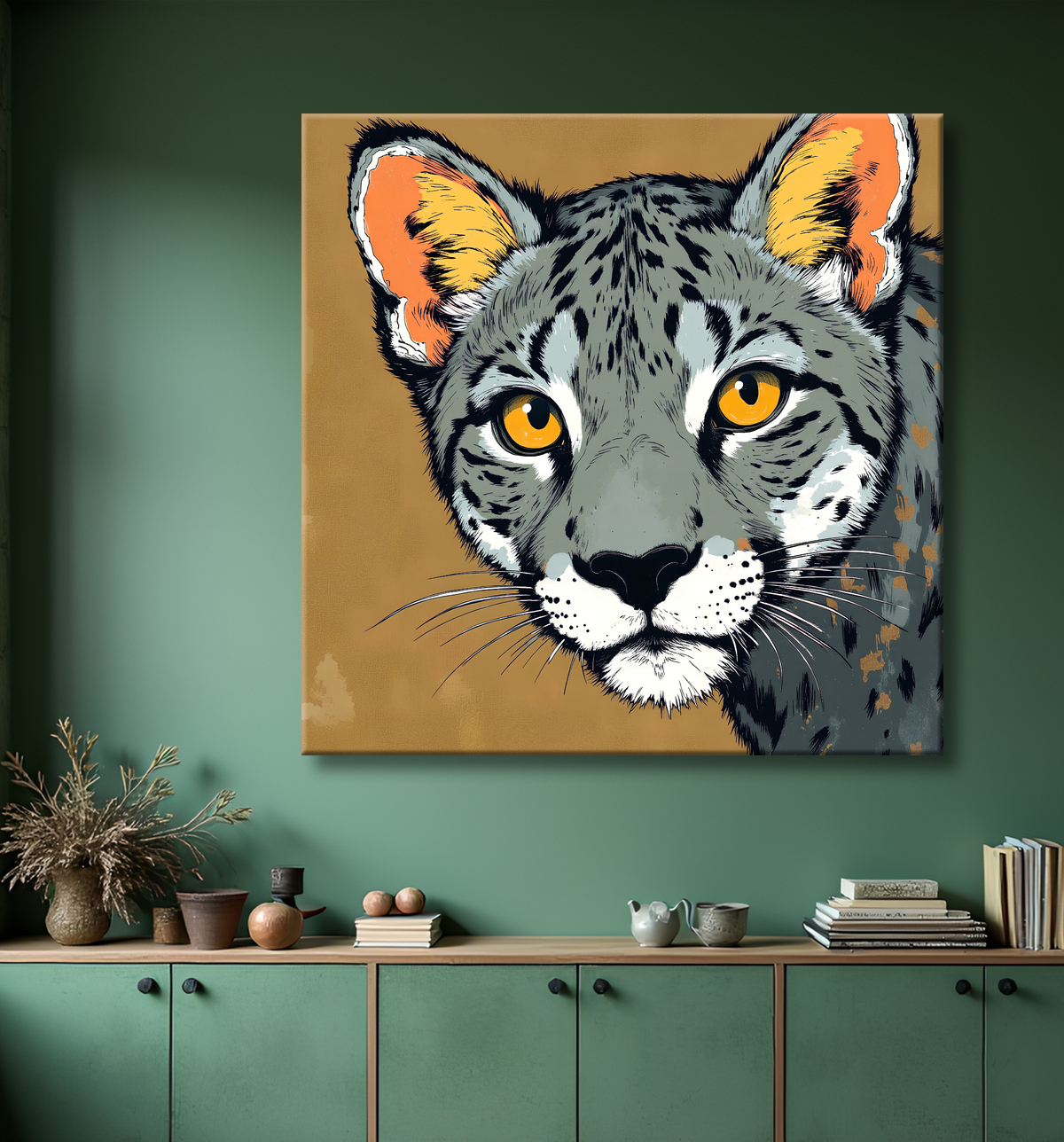 Tableau léopard moderne - Peinture animalière expressive et graphique avec decor