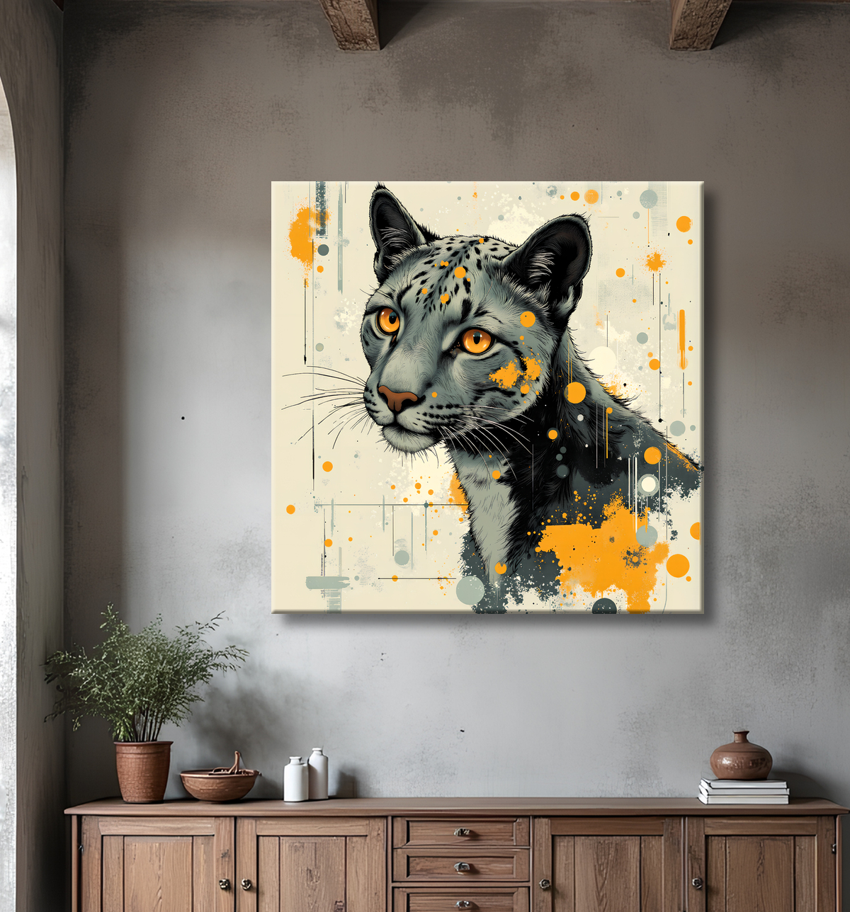 Tableau léopard moderne - Peinture animalière expressive et graphique avec decor