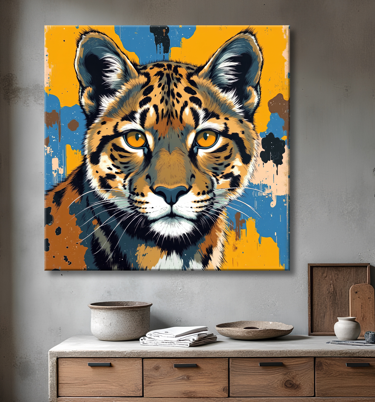 Tableau léopard moderne - Peinture animalière expressive et graphique avec decor