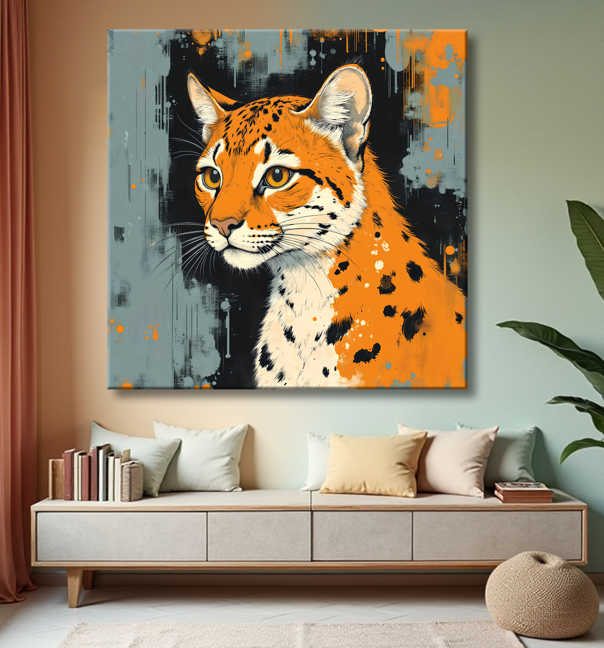 Tableau léopard moderne - Peinture animalière expressive et graphique avec decor